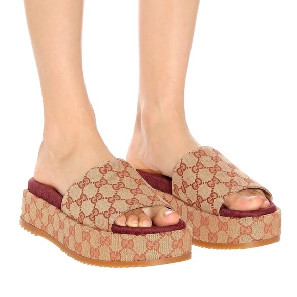 NEW GUCCI Angelina GG Beige Monogram Platform Slide Sandals Size EU 38 US 8 - Picture 11 of 15